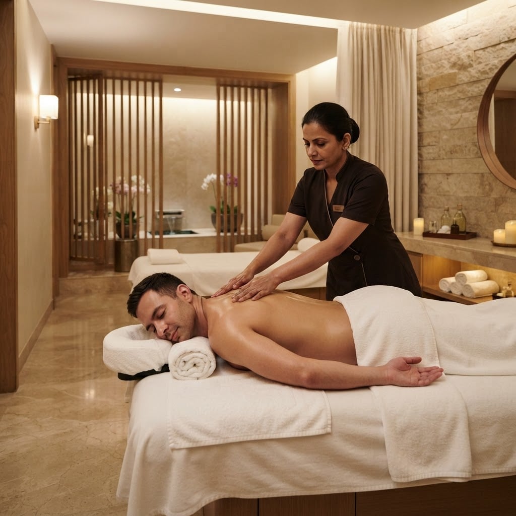 Therapist performing a back massage on a draped guest