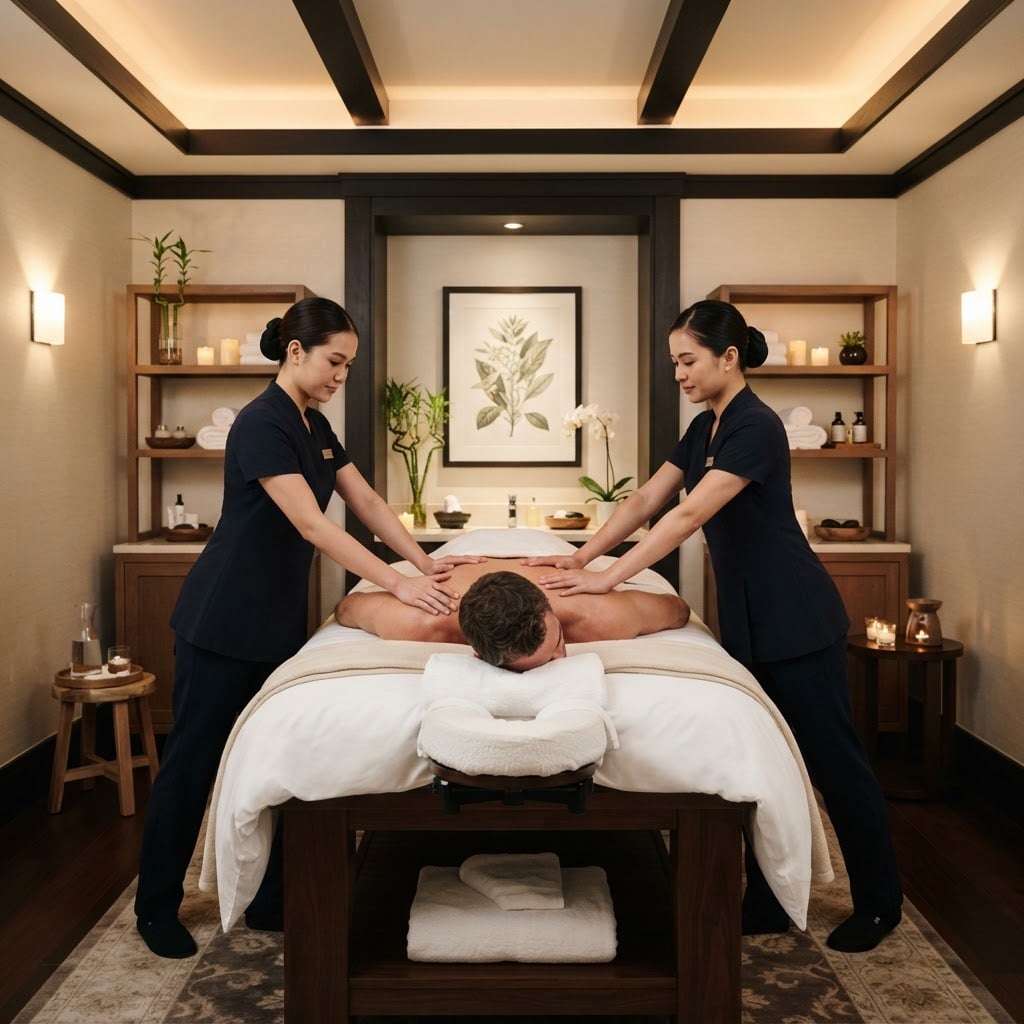 Two therapists performing a synchronised four hand massage
