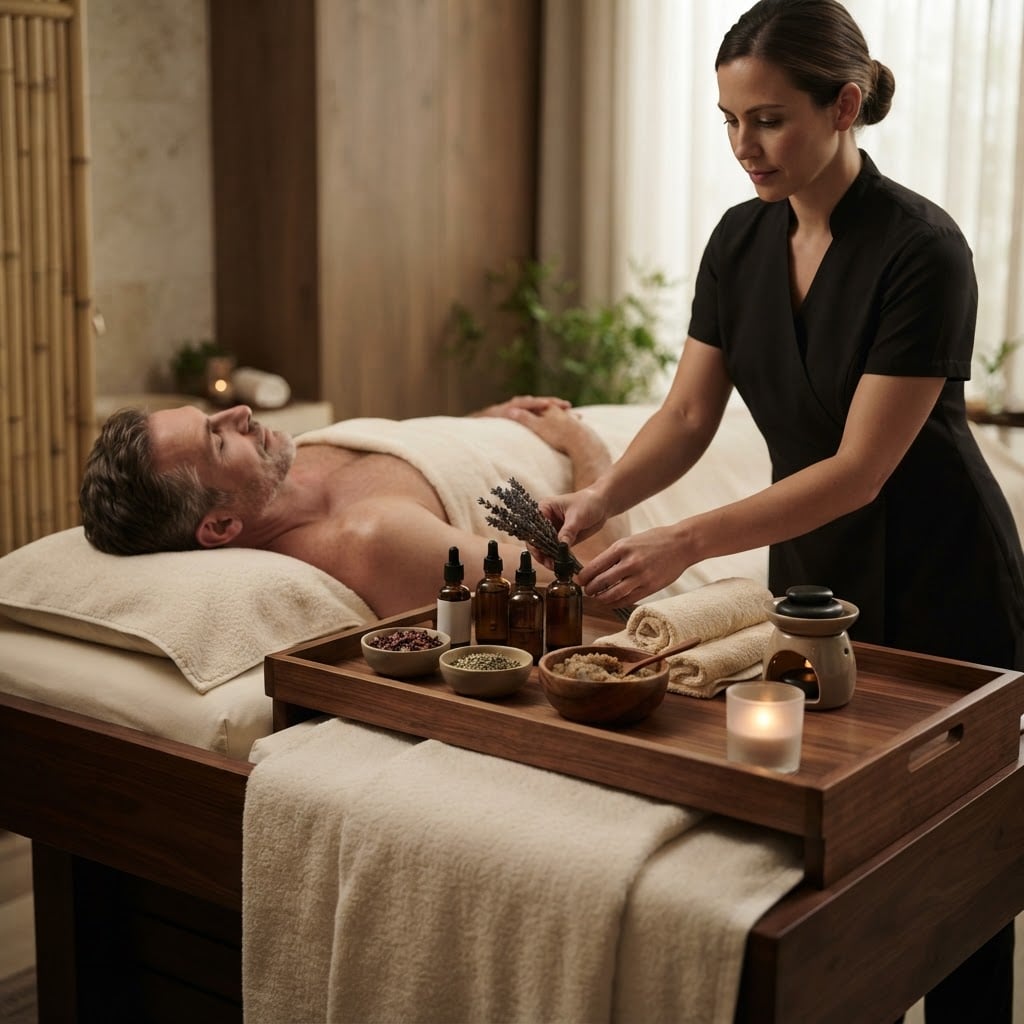 Aromatherapy oils and spa ritual tray beside a massage bed