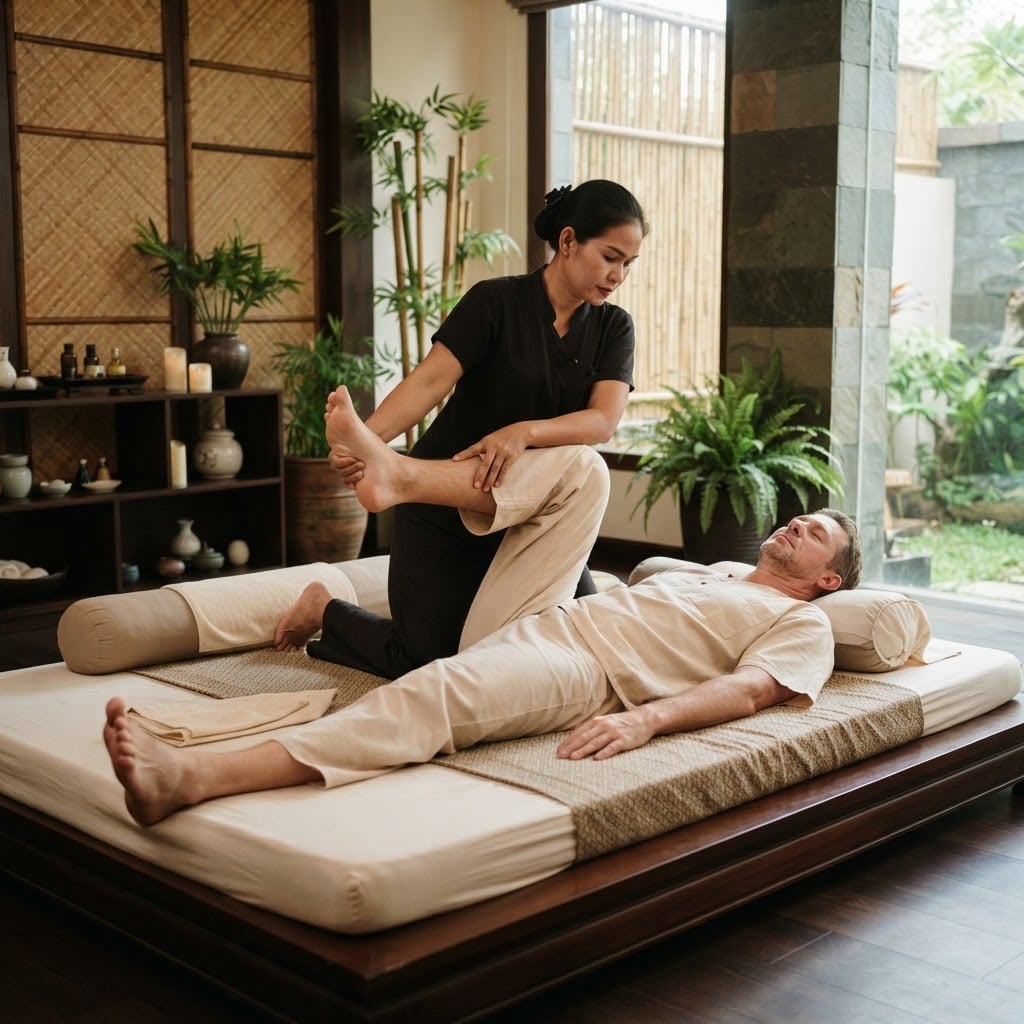 Therapist guiding an assisted Thai yoga leg stretch